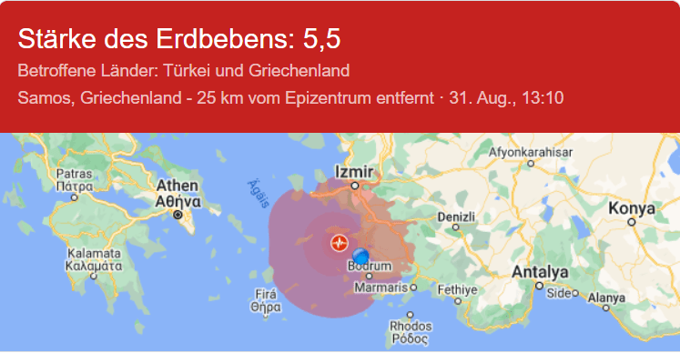 8. Reise - Segelrevier Türkei - Cesme über Esek Adani - die Eselinsel (nördlichster Punkt) zurück bis Port Iasos - 29.08.2022 - 04.09.2022 1 2022 09 01 11 03 58 erdbeben samos