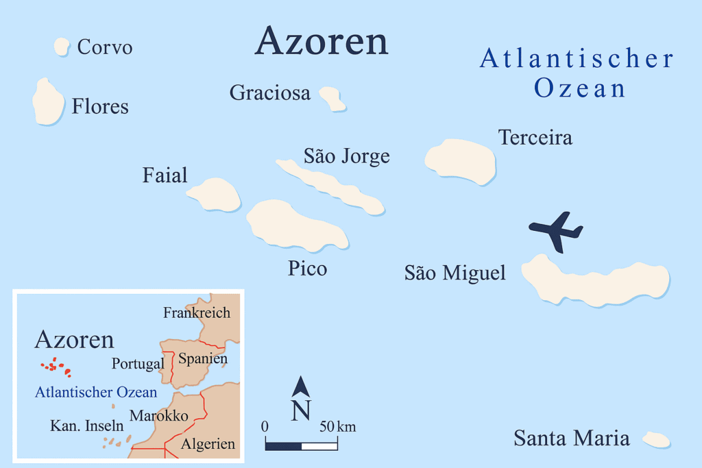 Die Azoren – Vulkaninseln mitten im Atlantik 2 Karte der Azoren mit Markierungen für Pico, Faial und São Miguel